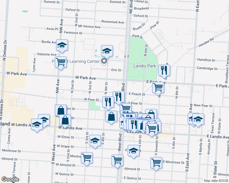 map of restaurants, bars, coffee shops, grocery stores, and more near 426 East Peach Street in Vineland