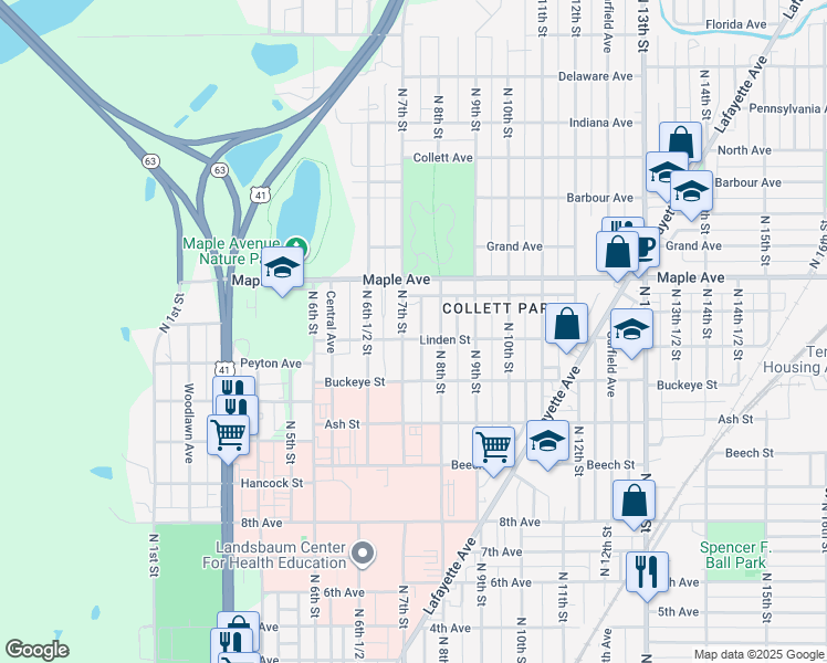 map of restaurants, bars, coffee shops, grocery stores, and more near 2003 North 7th Street in Terre Haute