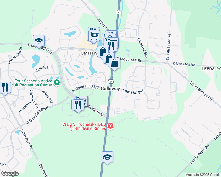 map of restaurants, bars, coffee shops, grocery stores, and more near in Galloway