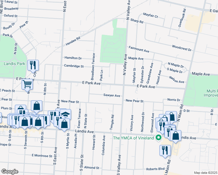 map of restaurants, bars, coffee shops, grocery stores, and more near 1057 East Park Avenue in Vineland