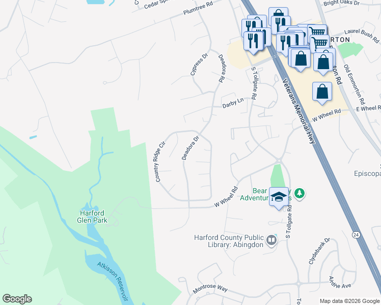 map of restaurants, bars, coffee shops, grocery stores, and more near 2219 Deadora Drive in Bel Air