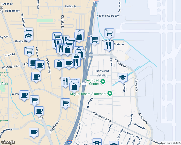 map of restaurants, bars, coffee shops, grocery stores, and more near 3635 Kindred Avenue in Reno
