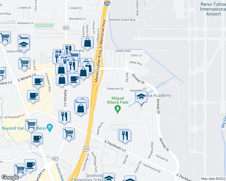map of restaurants, bars, coffee shops, grocery stores, and more near 1120 Parkview Street in Reno