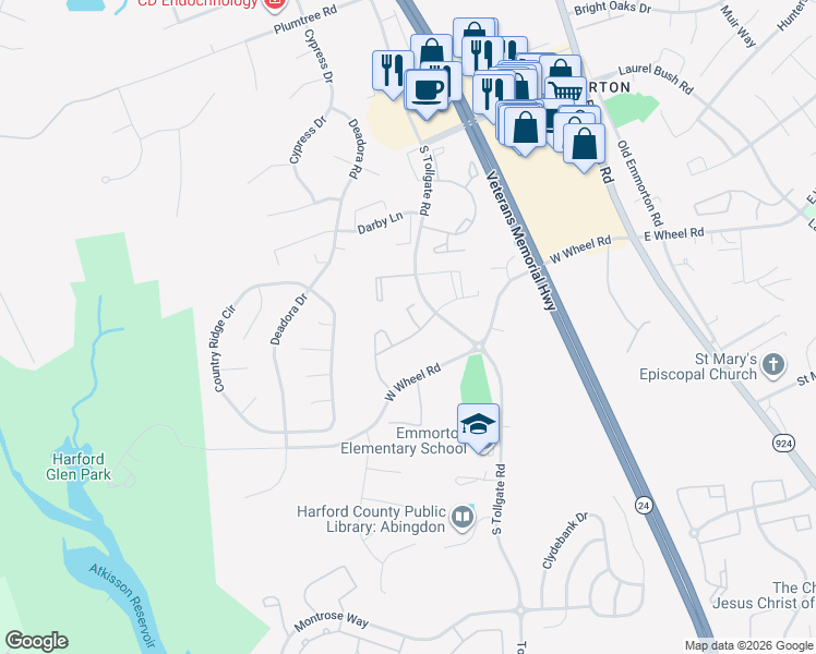 map of restaurants, bars, coffee shops, grocery stores, and more near 346 Honey Locust Court in Bel Air
