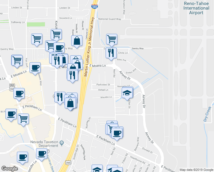 map of restaurants, bars, coffee shops, grocery stores, and more near 1260 Parkview Street in Reno