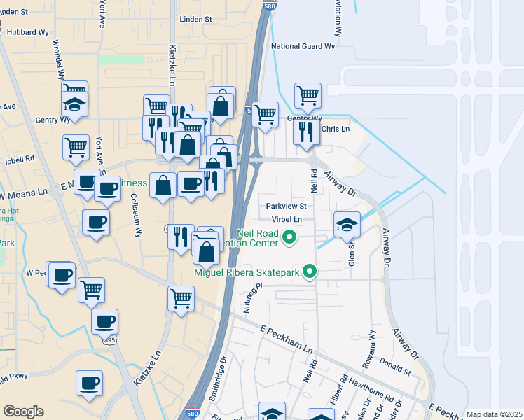 map of restaurants, bars, coffee shops, grocery stores, and more near 3635 Kindred Avenue in Reno