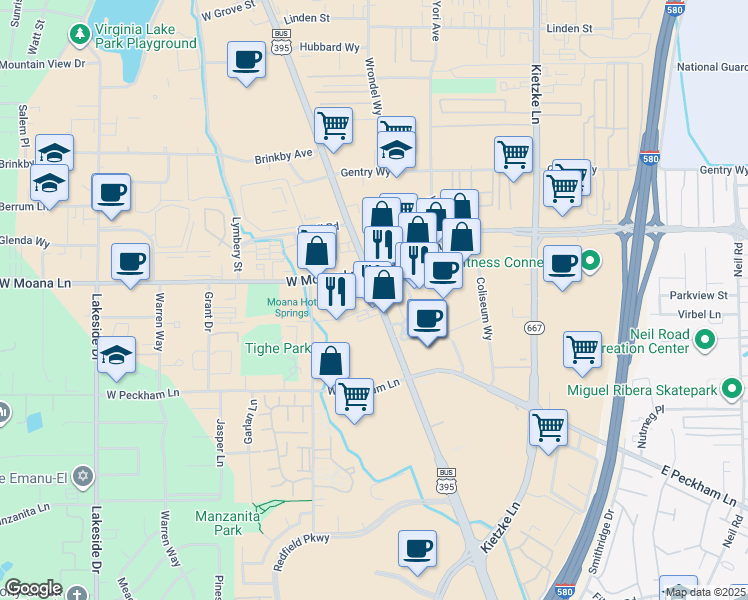 map of restaurants, bars, coffee shops, grocery stores, and more near 3751 South Virginia Street in Reno