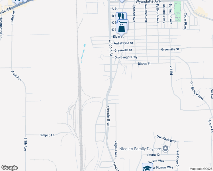 map of restaurants, bars, coffee shops, grocery stores, and more near 4280 Lincoln Boulevard in Oroville