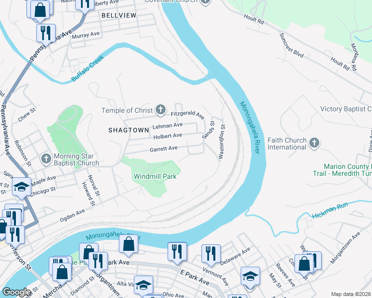 map of restaurants, bars, coffee shops, grocery stores, and more near 314 Garrett Avenue in Fairmont