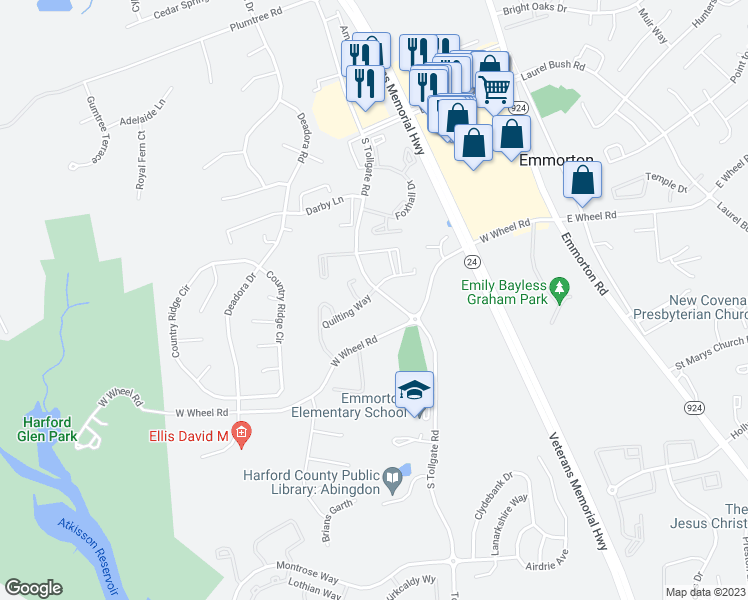 map of restaurants, bars, coffee shops, grocery stores, and more near 303 Quilting Way in Bel Air