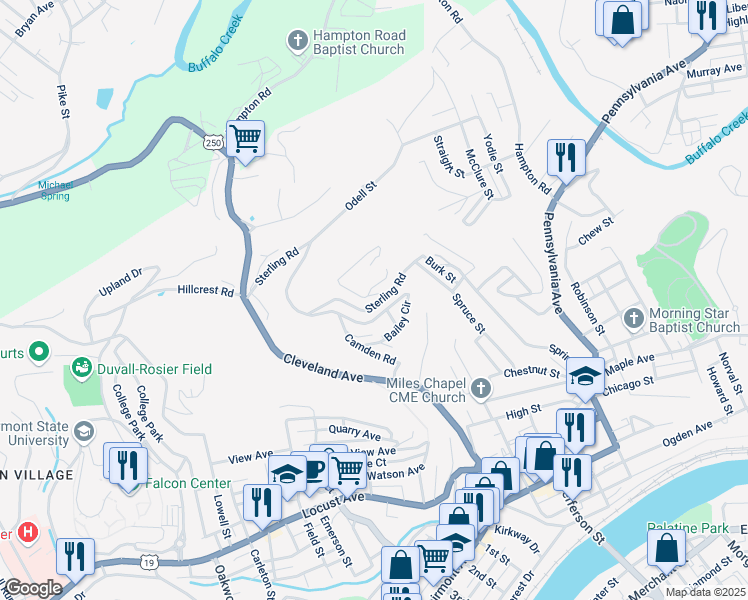 map of restaurants, bars, coffee shops, grocery stores, and more near Wayland Street in Fairmont