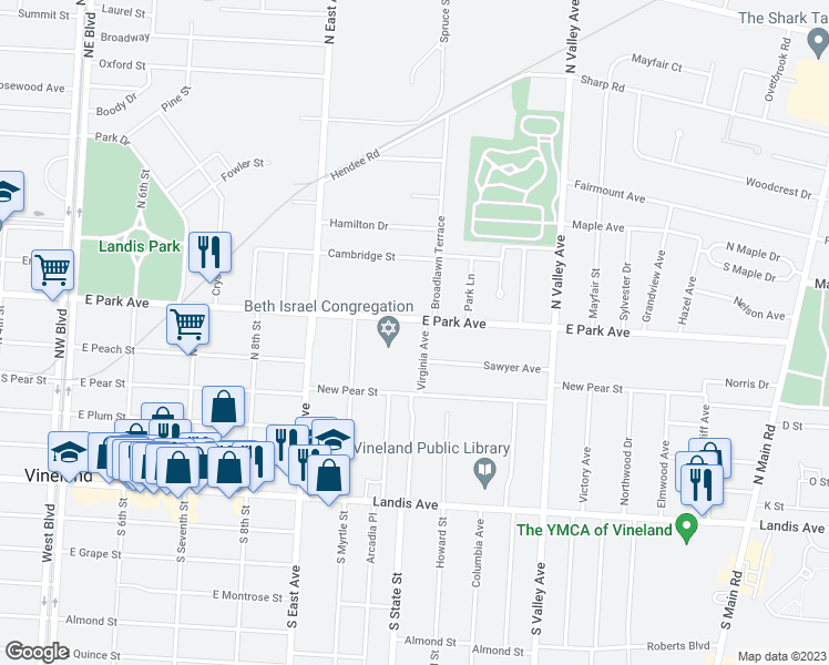 map of restaurants, bars, coffee shops, grocery stores, and more near 1027 East Park Avenue in Vineland