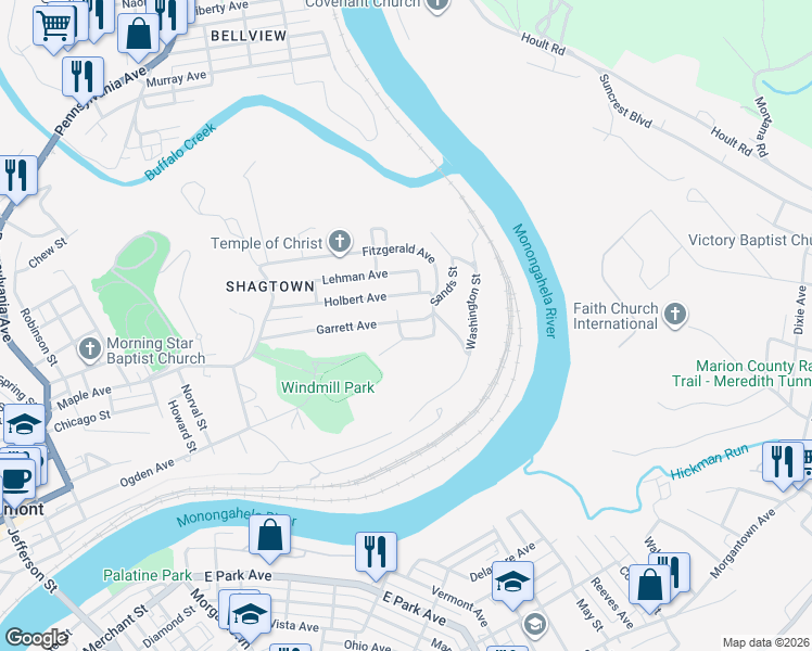 map of restaurants, bars, coffee shops, grocery stores, and more near 314 Garrett Avenue in Fairmont