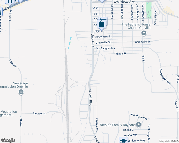 map of restaurants, bars, coffee shops, grocery stores, and more near 4280 Lincoln Boulevard in Oroville