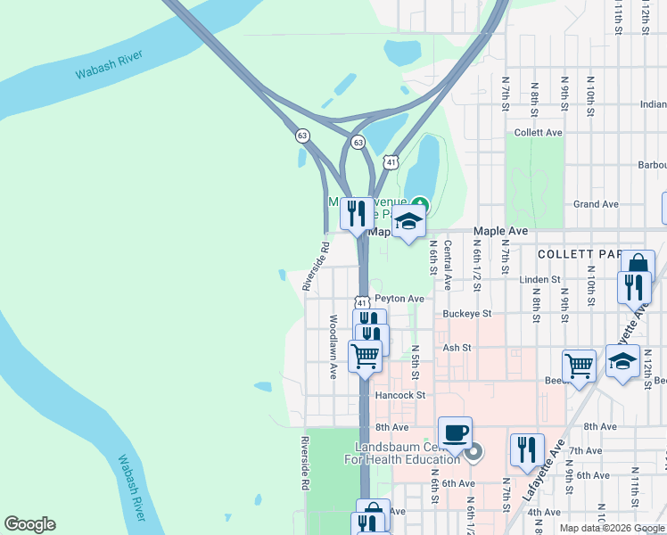 map of restaurants, bars, coffee shops, grocery stores, and more near 2039 Woodlawn Avenue in Terre Haute