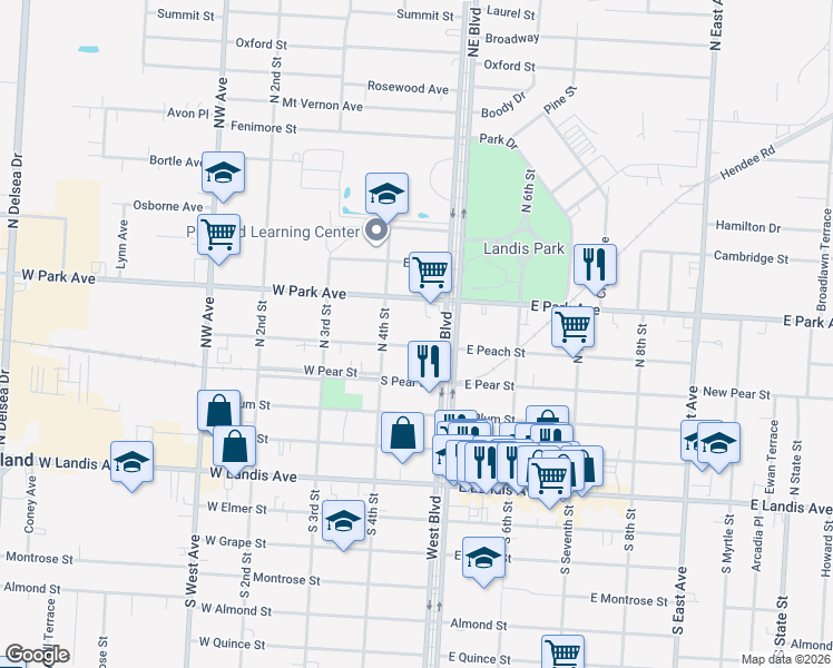 map of restaurants, bars, coffee shops, grocery stores, and more near 426 East Peach Street in Vineland