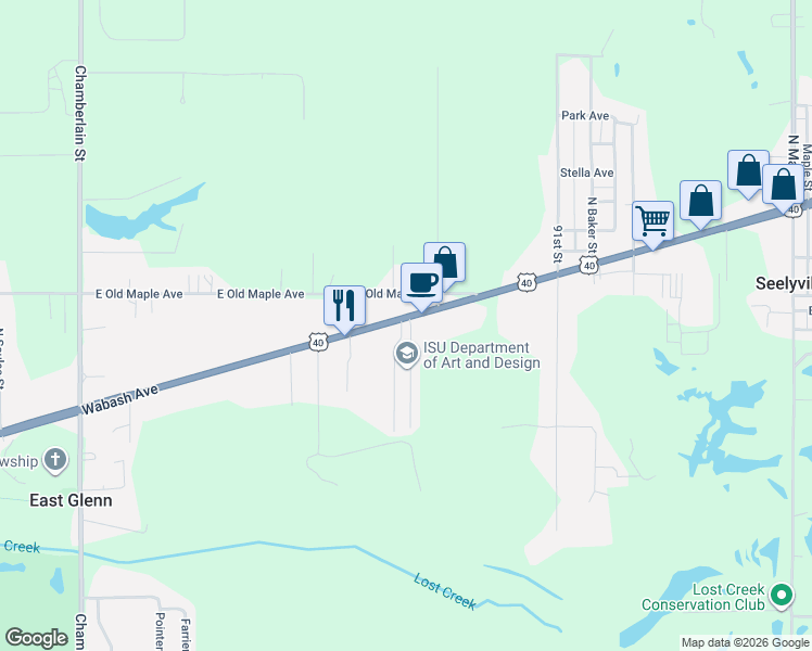 map of restaurants, bars, coffee shops, grocery stores, and more near 7419 Wabash Avenue in Terre Haute