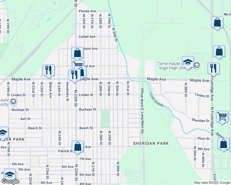 map of restaurants, bars, coffee shops, grocery stores, and more near 2042 North 30th Street in Terre Haute