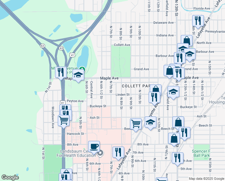 map of restaurants, bars, coffee shops, grocery stores, and more near 2003 North 7th Street in Terre Haute