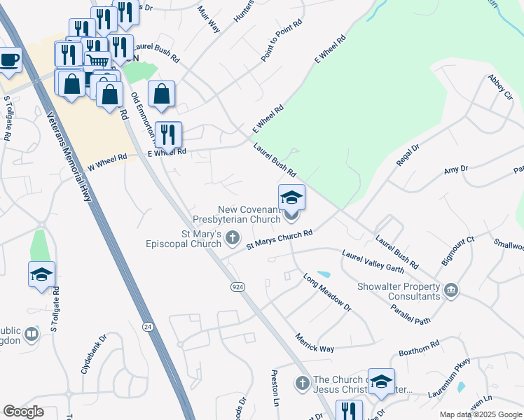 map of restaurants, bars, coffee shops, grocery stores, and more near 2426 Grand Oaks Court in Abingdon