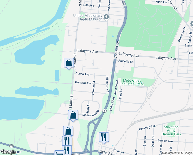 map of restaurants, bars, coffee shops, grocery stores, and more near 2404 Vermont Street in Middletown