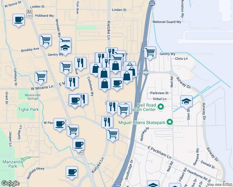 map of restaurants, bars, coffee shops, grocery stores, and more near 3400 Kietzke Lane in Reno