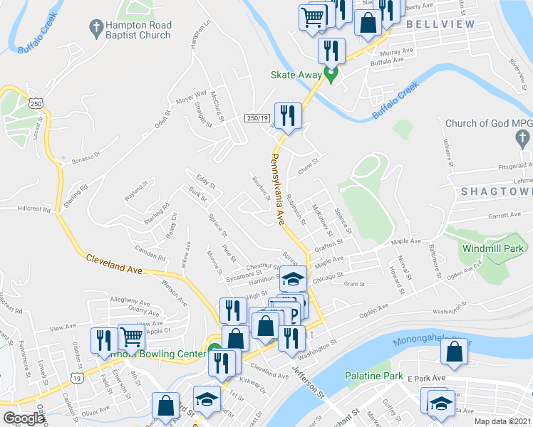 map of restaurants, bars, coffee shops, grocery stores, and more near 106 Broadway Street in Fairmont
