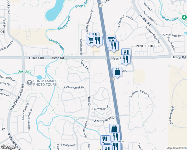 map of restaurants, bars, coffee shops, grocery stores, and more near 19423 East Hollow Creek Drive in Parker