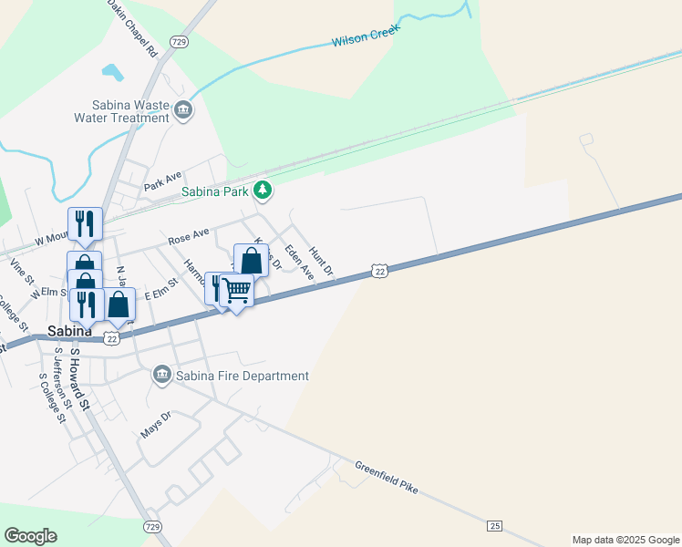 map of restaurants, bars, coffee shops, grocery stores, and more near 12 Hunt Drive in Sabina