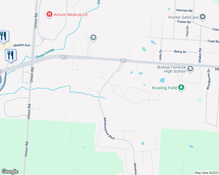 map of restaurants, bars, coffee shops, grocery stores, and more near 5371 Renaissance Park Drive in Middletown