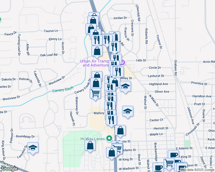 map of restaurants, bars, coffee shops, grocery stores, and more near 1500 North Morton Street in Franklin