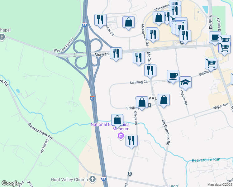 map of restaurants, bars, coffee shops, grocery stores, and more near 225 Schilling Circle in Cockeysville