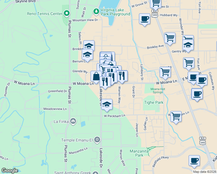 map of restaurants, bars, coffee shops, grocery stores, and more near 3631 Warren Way in Reno