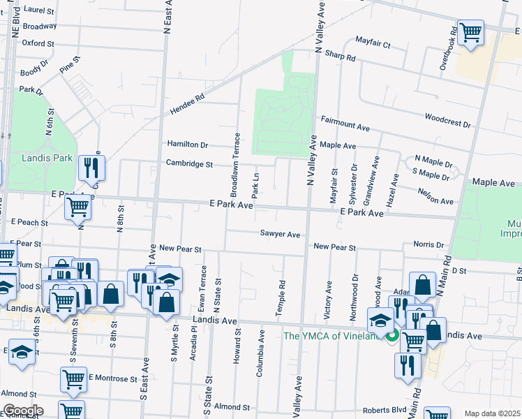map of restaurants, bars, coffee shops, grocery stores, and more near 1057 East Park Avenue in Vineland