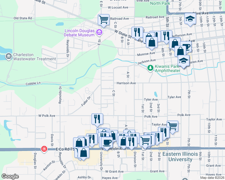 map of restaurants, bars, coffee shops, grocery stores, and more near 822 C Street in Charleston