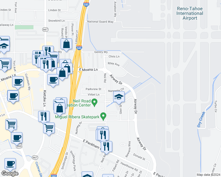 map of restaurants, bars, coffee shops, grocery stores, and more near 1355 Nannette Circle in Reno