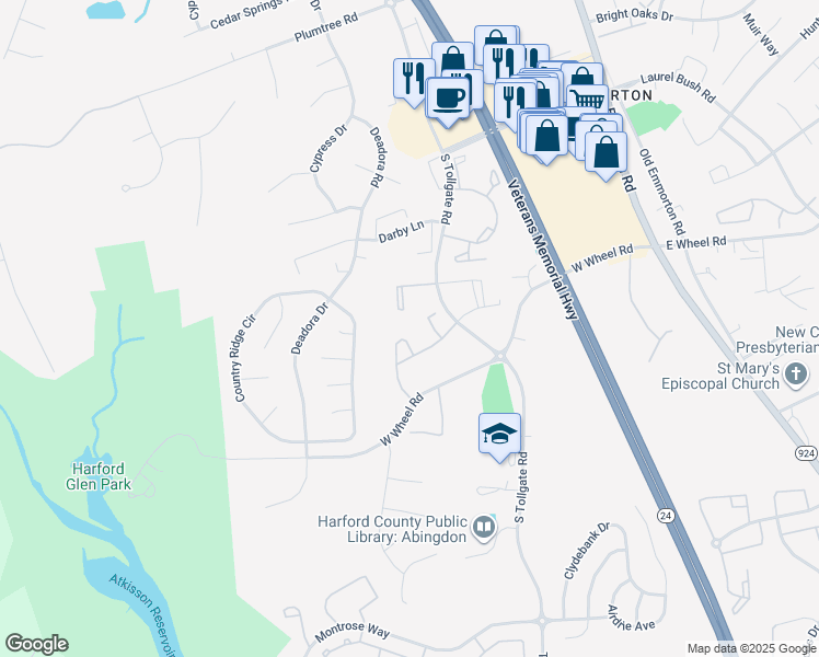 map of restaurants, bars, coffee shops, grocery stores, and more near 320 Cinnabar Lane in Bel Air