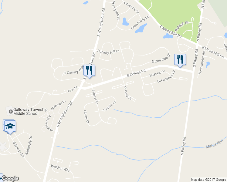 map of restaurants, bars, coffee shops, grocery stores, and more near 48 Colonial Court in Galloway
