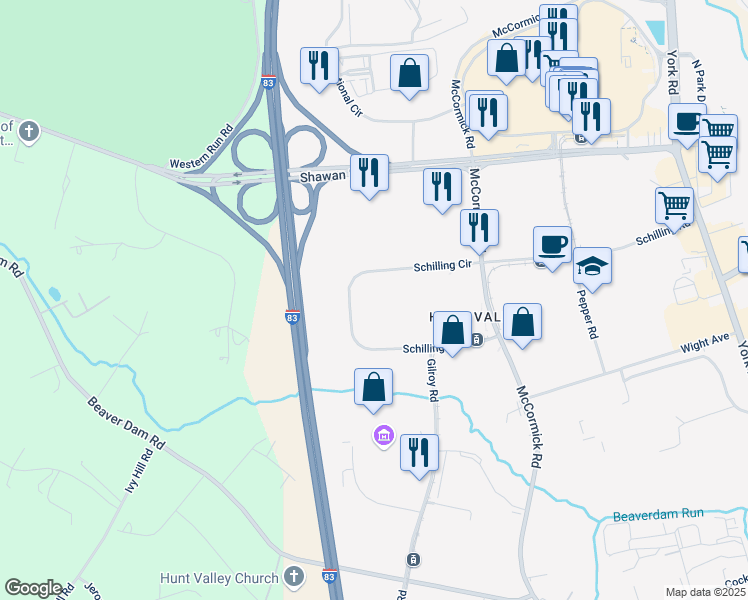 map of restaurants, bars, coffee shops, grocery stores, and more near 225 Schilling Circle in Cockeysville