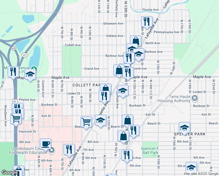 map of restaurants, bars, coffee shops, grocery stores, and more near 2023 North 12th Street in Terre Haute