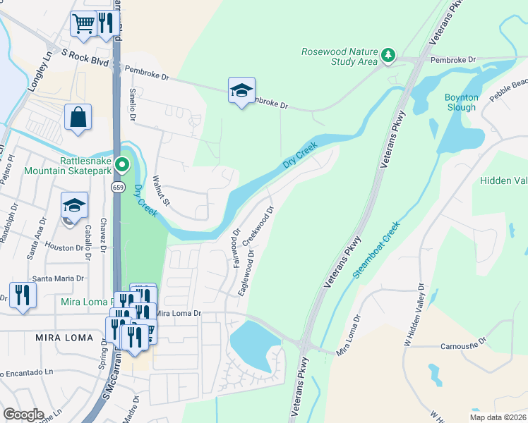 map of restaurants, bars, coffee shops, grocery stores, and more near 3080 Creekwood Drive in Reno
