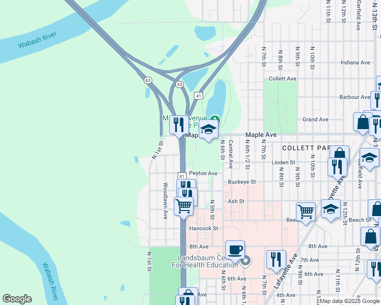 map of restaurants, bars, coffee shops, grocery stores, and more near 2011 North 3rd Street in Terre Haute