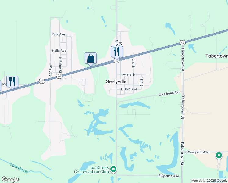 map of restaurants, bars, coffee shops, grocery stores, and more near 2044 North Main Street in Seelyville
