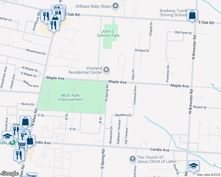 map of restaurants, bars, coffee shops, grocery stores, and more near 397 North Spring Road in Vineland