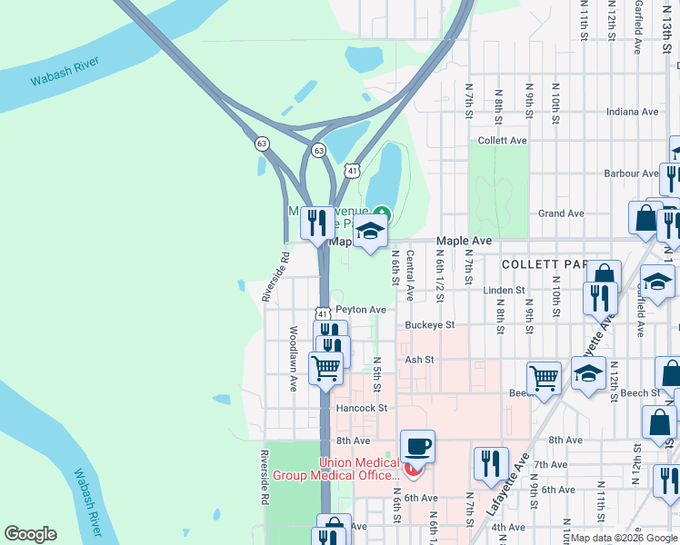 map of restaurants, bars, coffee shops, grocery stores, and more near 2011 North 3rd Street in Terre Haute