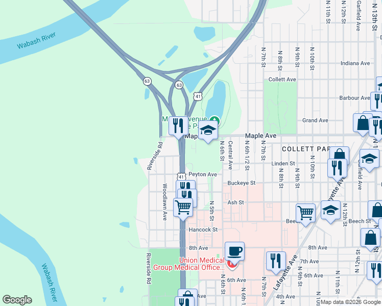 map of restaurants, bars, coffee shops, grocery stores, and more near 2011 North 3rd Street in Terre Haute