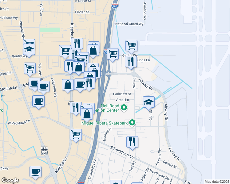 map of restaurants, bars, coffee shops, grocery stores, and more near 1053 Parkview Street in Reno