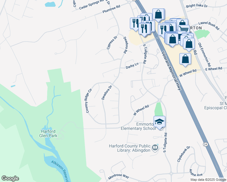 map of restaurants, bars, coffee shops, grocery stores, and more near 402 Tall Sycamore Court in Bel Air