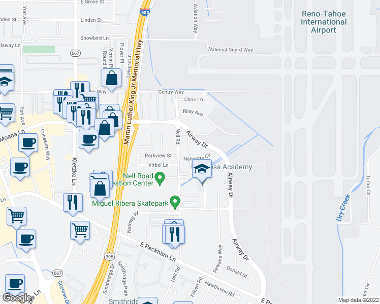 map of restaurants, bars, coffee shops, grocery stores, and more near 1355 Nannette Circle in Reno