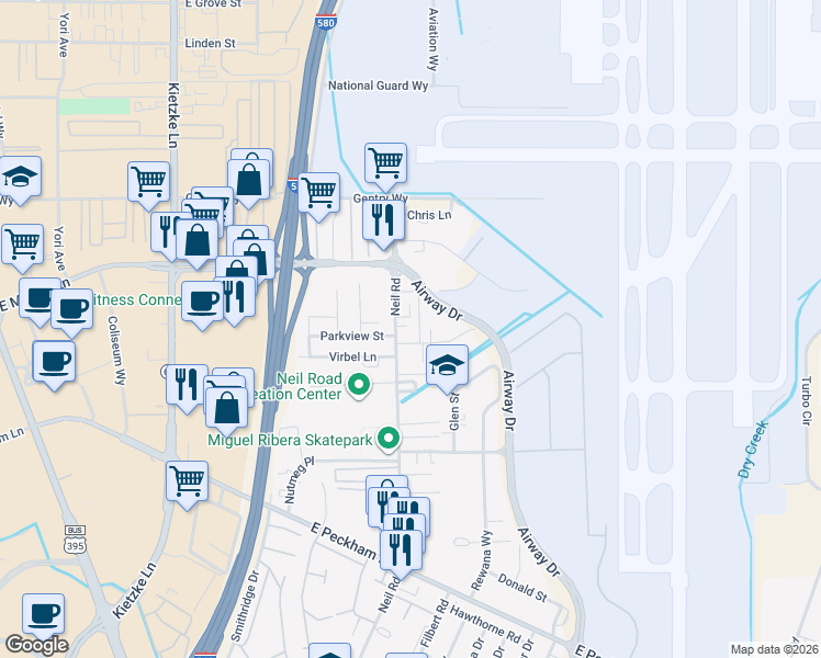map of restaurants, bars, coffee shops, grocery stores, and more near 1355 Nannette Circle in Reno